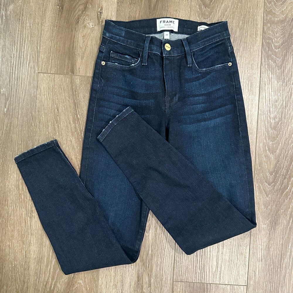 Frame Le Skinny de Jeanne Jeans Womens 24 Dark‎ Blue Distressed Mid Rise Denim